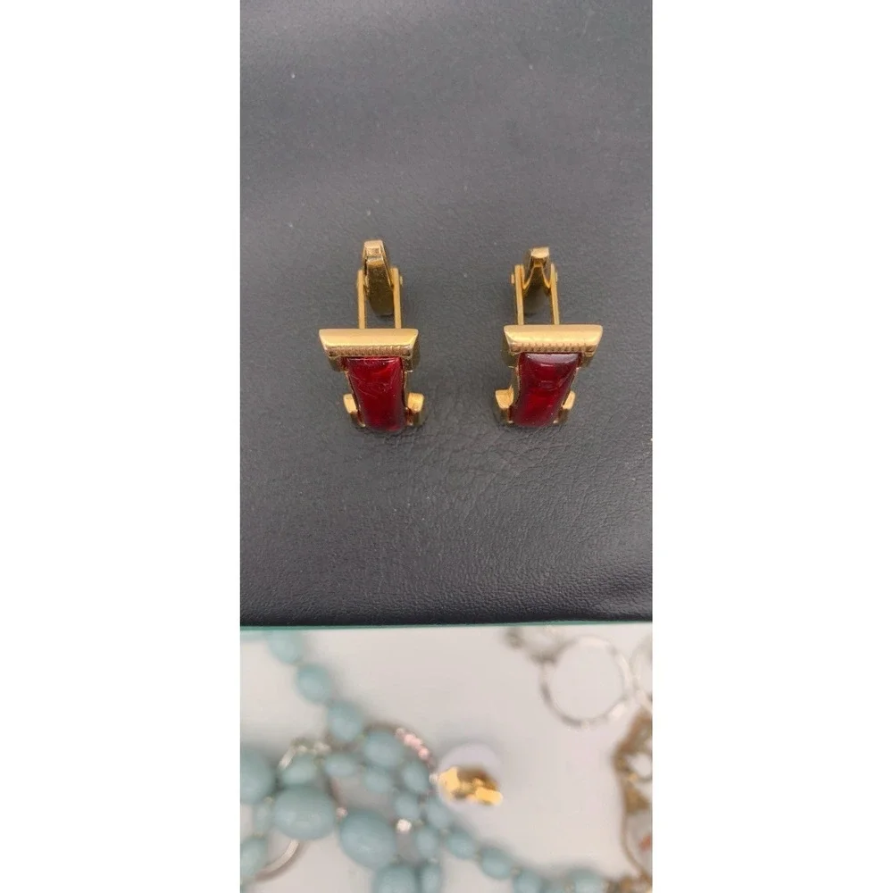 Vintage Foster Gold Tone Rectangle Cufflinks With Dark Red Cabochon‎ Signed